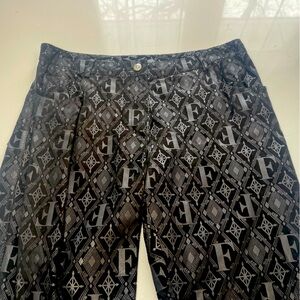 GIANFRANCO FERRE ITALY Black Leather + Silk Monogram Pants Vintage Size 42 OOAK